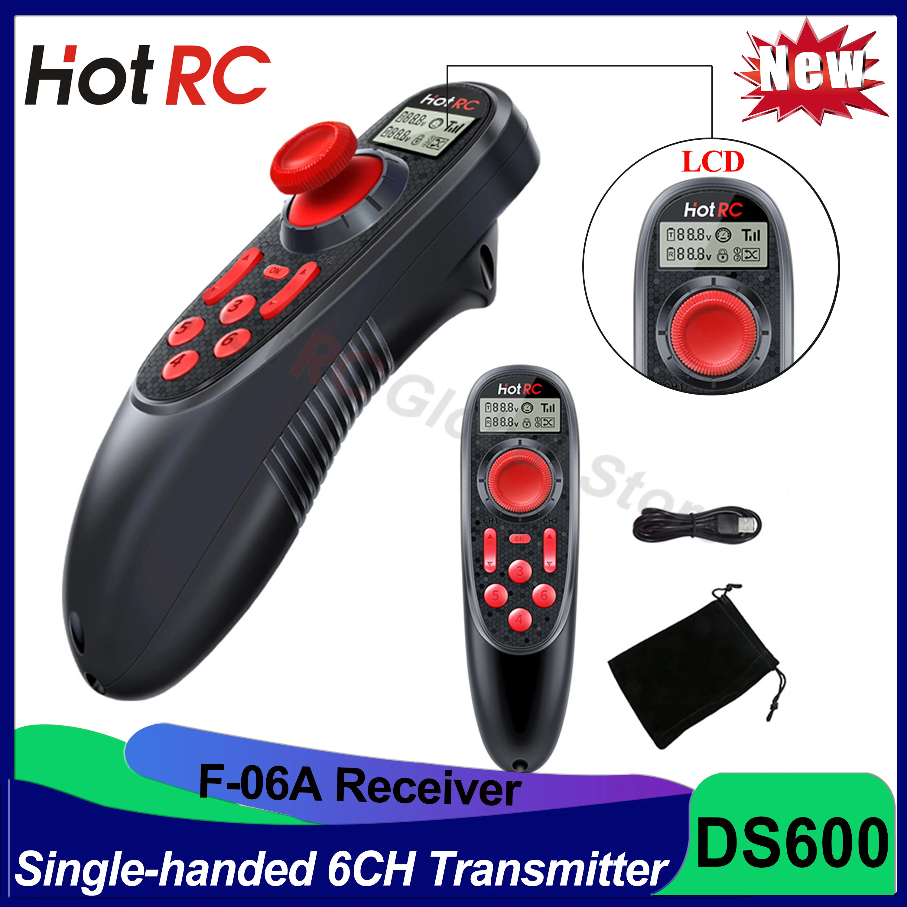 

HOTRC DS-600 DS600 2.4GHz FHSS Radio System PWM Remote Controller GFSK 6CH LCD Transmitter with Receiver for RC Fishing Boat