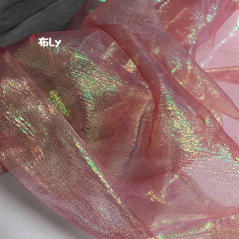 Gradient Iridescent Laser Pleated Textured Mesh Fabric for Designer Wedding Decor Fashion DIY Sewing Material