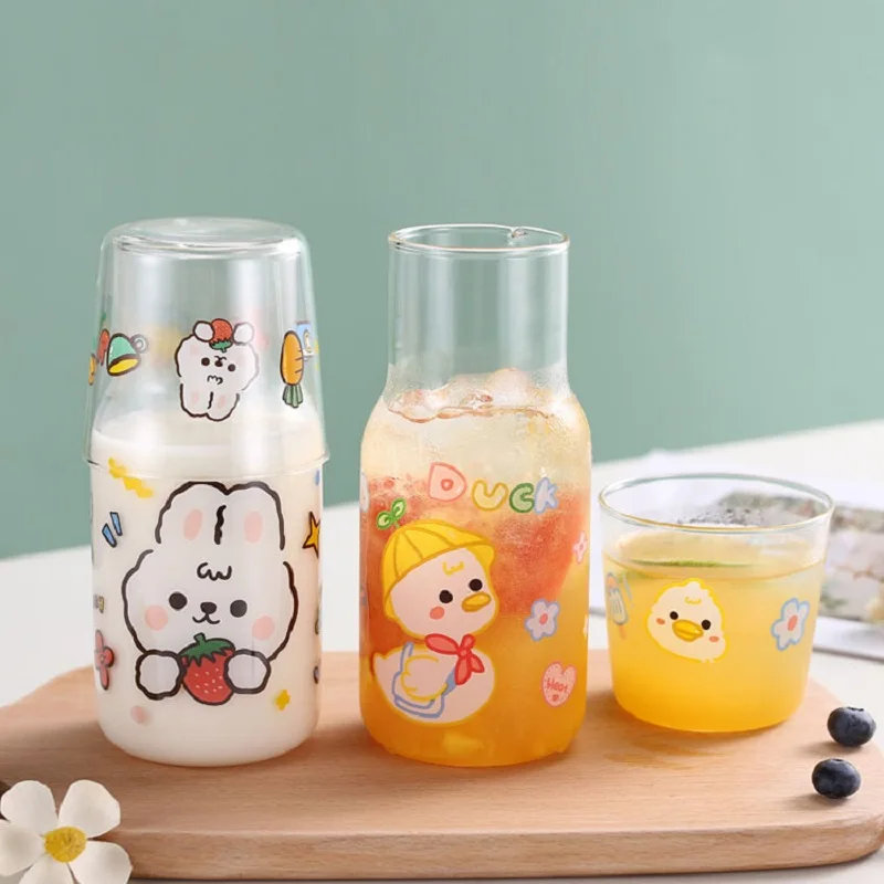 

Cute Water Carafe and Glass Cup Set 520ml Clear Stripe Glass Juice Water Pitcher Heat Resistant Water Bottle for Bedroom Gift