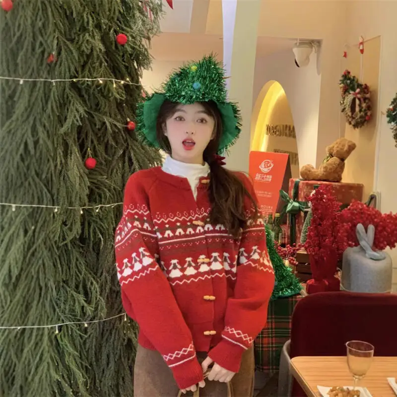 Fair Isle Jacquard Damen Strickjacke Pullover Strickwaren Mädchen Rundhals Kapuzenpullover Herbst Winter Adrette Top Mantel