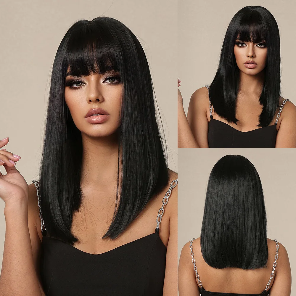 Bob Wig with Bangs, Blunt Cut Wig, Black Short Straight Hair for Women,Black Shoulder Length Synthetic Glueless Wigs for Daily