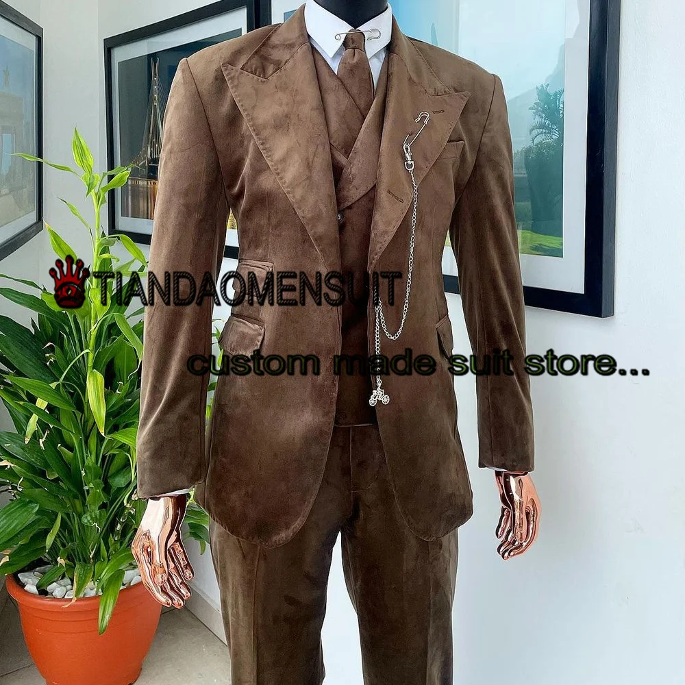 Samt männer Anzug Drei Stück Punkt Revers Blazer Hosen Weste Formale Hochzeit Smoking Bräutigam Jacke Set