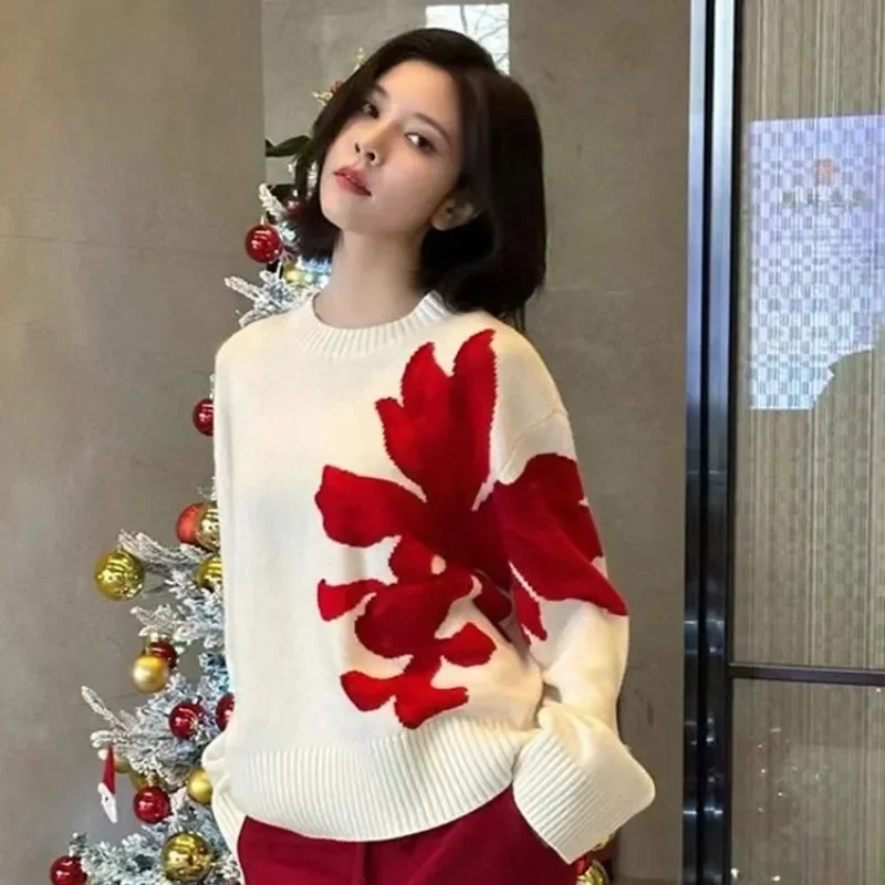 

Зима 2025 г., Лидер продаж, женские пуловеры, красный, с круглым вырезом, белый женский вязаный свитер, акция, привлекательная верхняя одежда, одежда