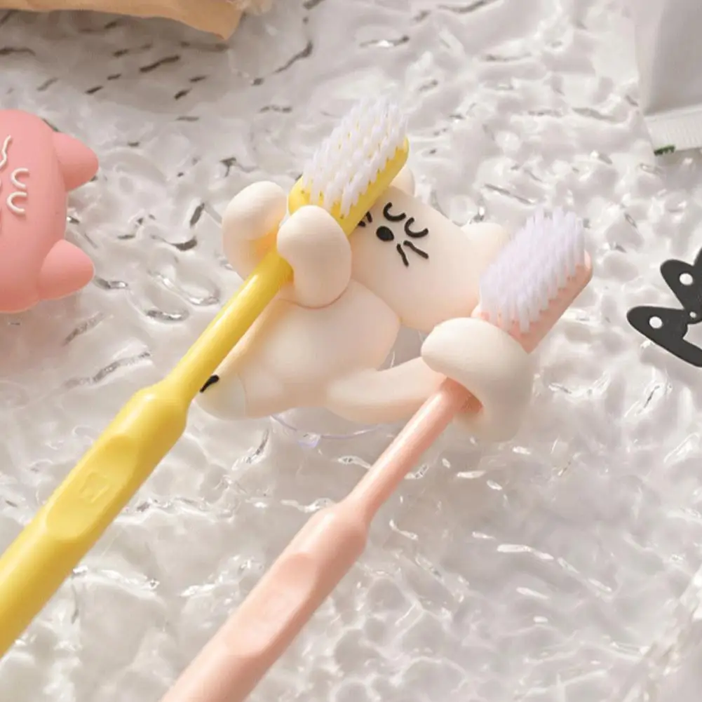 Cute Cat Silicone Toothbrush Holder Wall Hanging Bathroom Storage Organizer No Drilling Suction Cup Design
