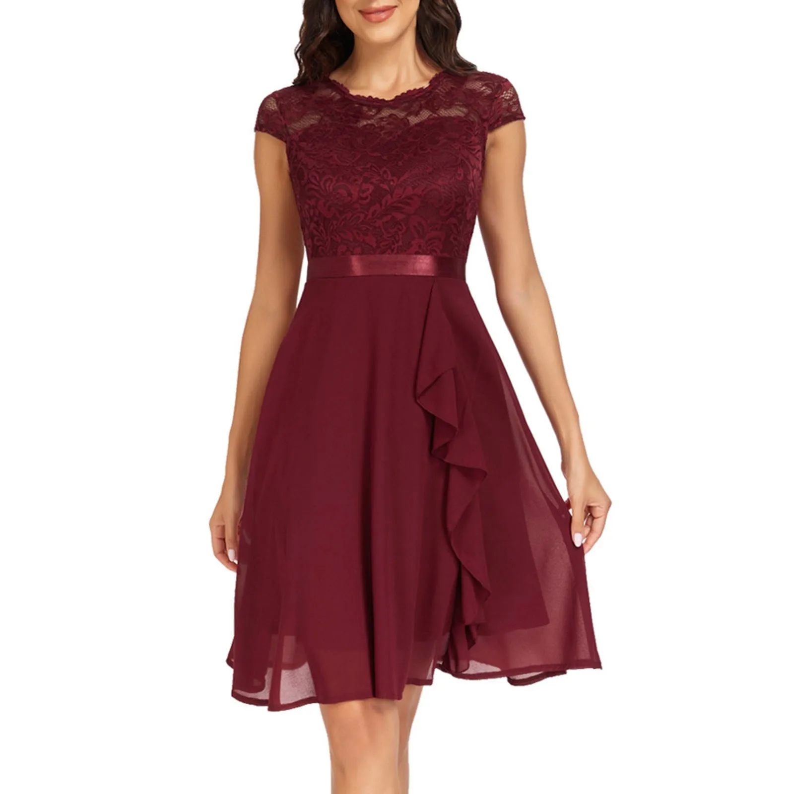 Falda de retazos de encaje de gasa Hepburn para mujer, cuello redondo sin mangas, vestido de Swing suelto de cintura media, elegante vestido de temperamento, nuevo