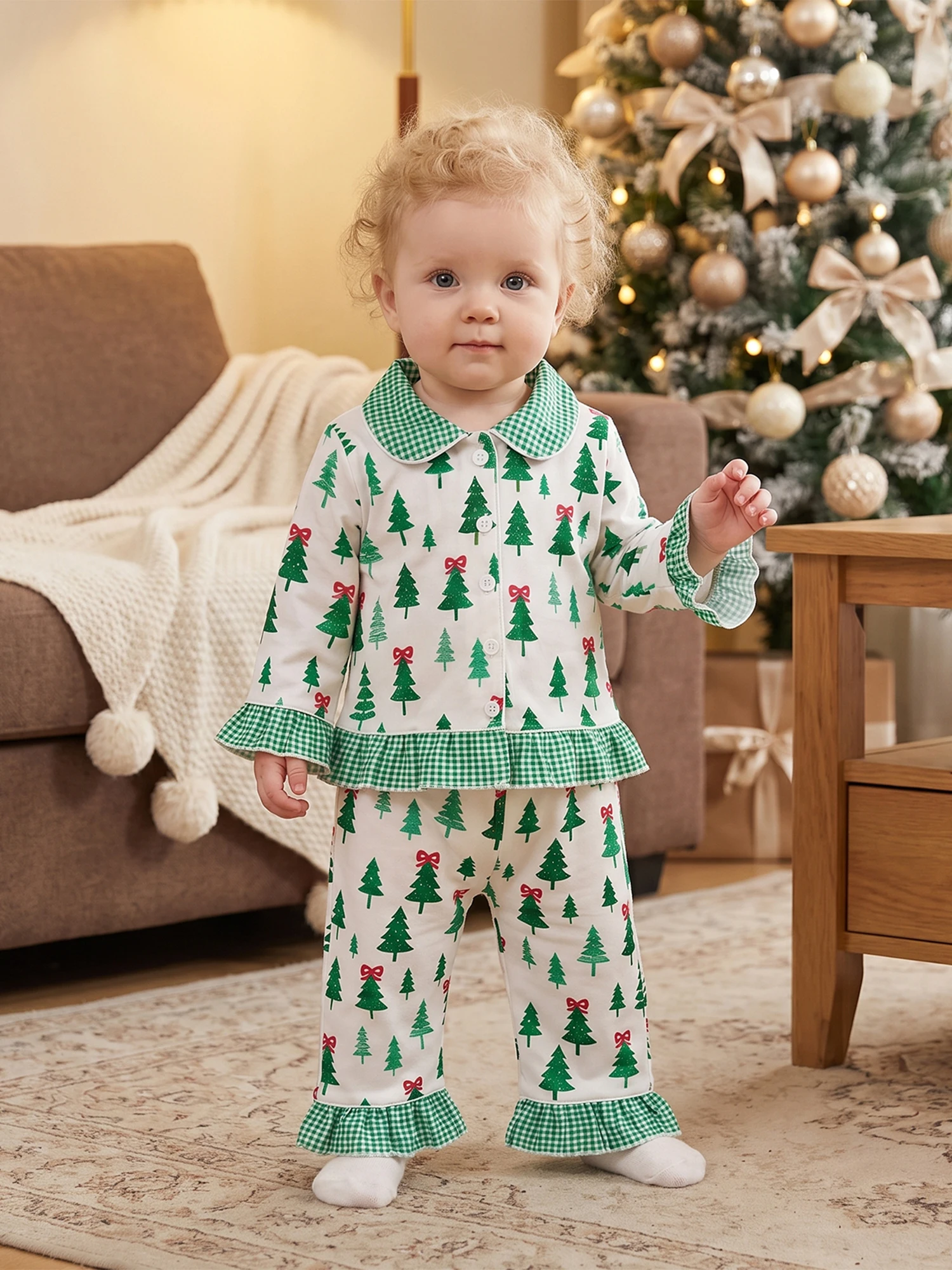 Girls Christmas Pajamas Long Sleeve Christmas Pajamas Doll Collar Long Kids Girls Christmas Pajamas Ruffles Doll Pajamas