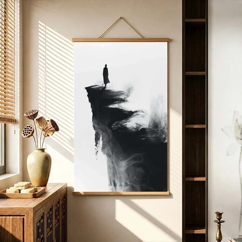 Wall Art Solitary Figures beneath Monumental Ink Cliffs, Pearlescent Canvas Hanging Scroll for Gallery Exhibition Space Interior