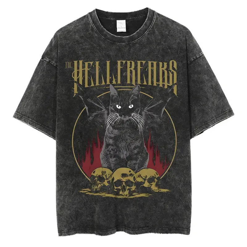 

Animal Cat Print Vintage Washed Tshirt Harajuku Streetwear Graphic Y2K T-Shirt Summer Short Sleeve 100% Cotton Hip Hop Tshirt