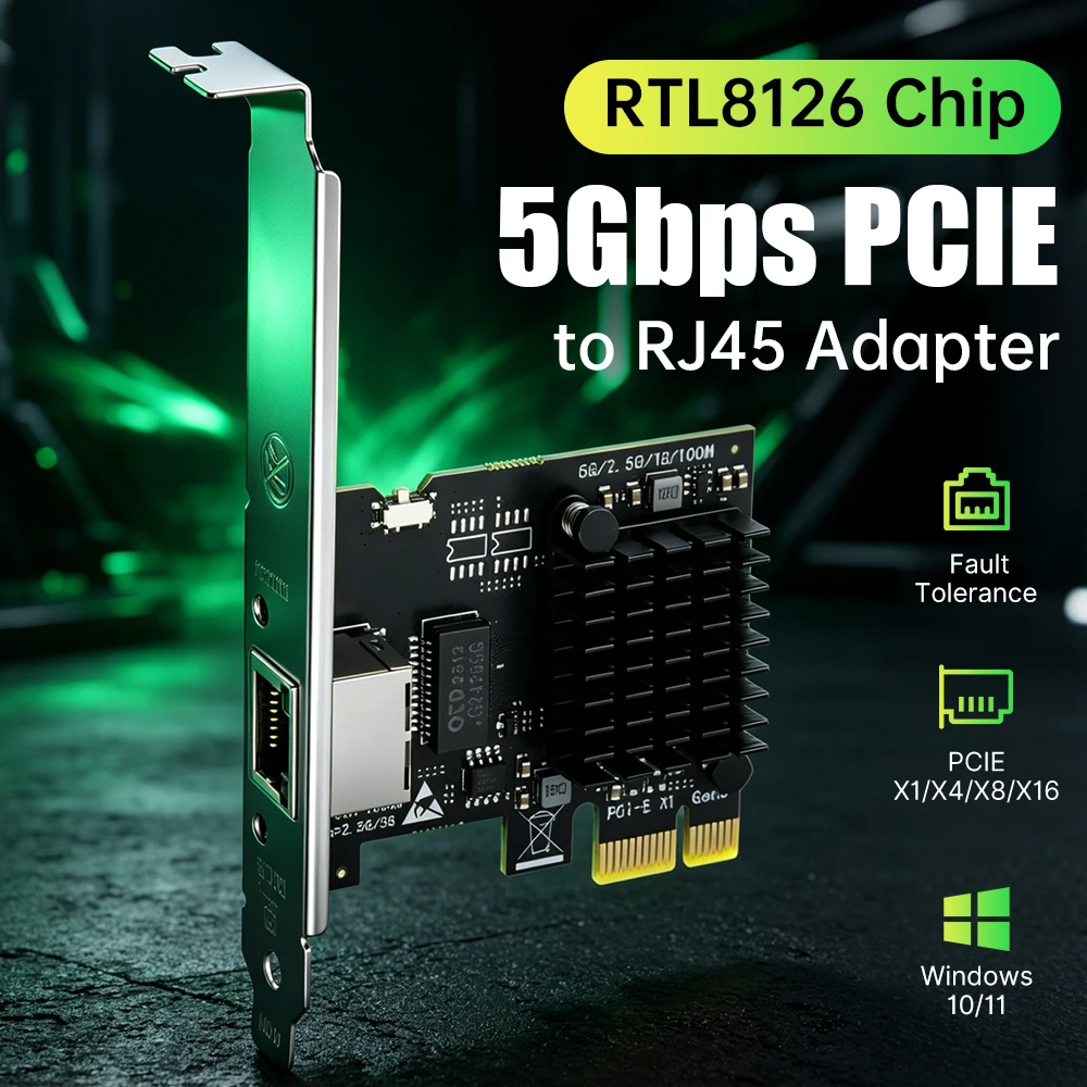 5G PCI-E to RJ45 Network Card RTL8126 Chip 5000M Gigabit Ethernet PCI Express for Desktop PC Gaming Easy Setting For Win 10/11