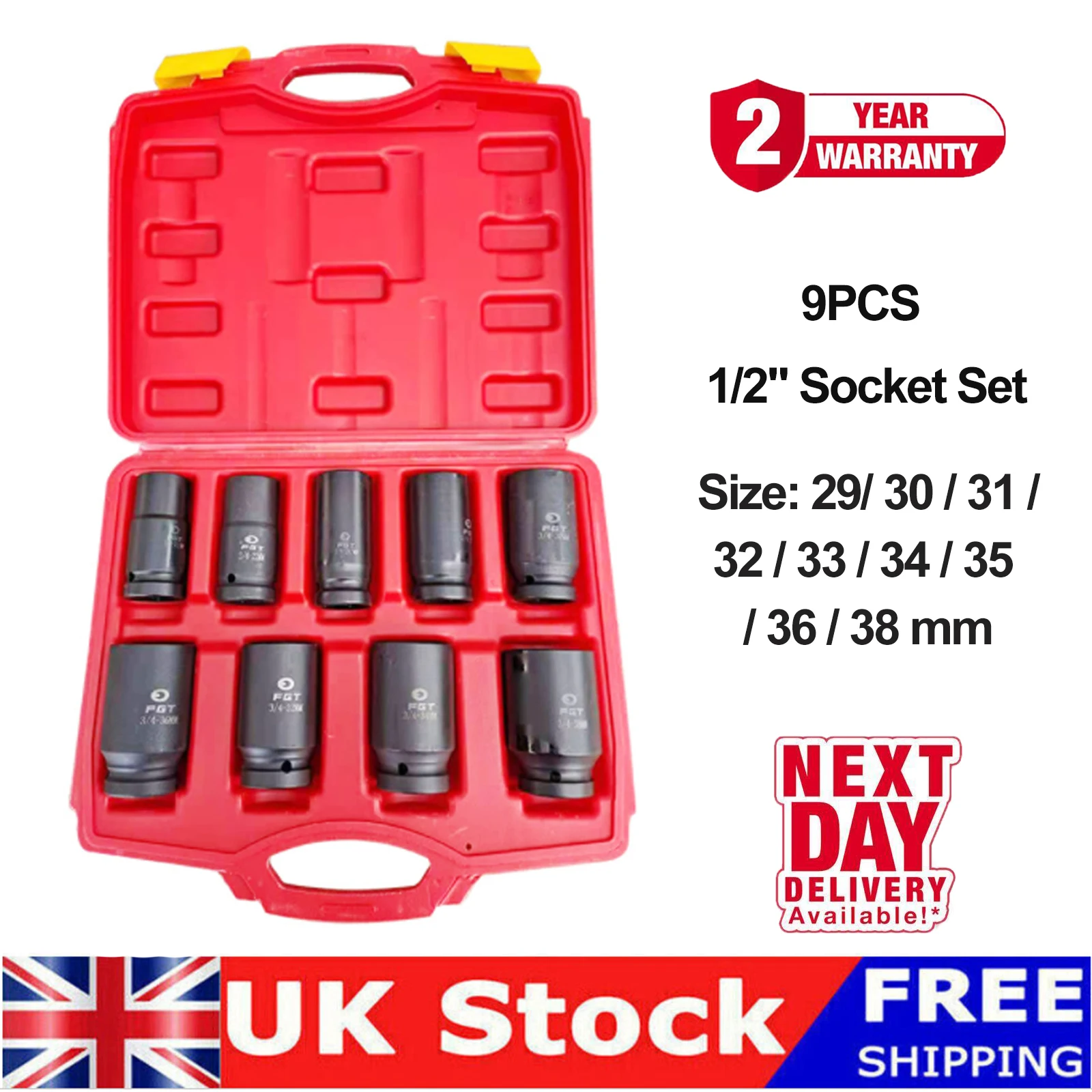 Conentool 1/2Inch Drive Axle Nut Hub Air Impact Deep Socket Set 29-38mm, 9-Piece with Case, Heavy-Duty Tool for UK Mechanics