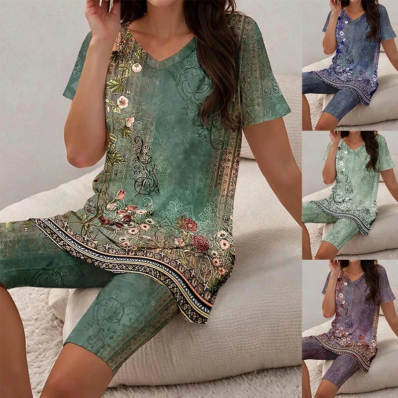 

Fashion V-neck Short Sleeve Print Two Piece Sets Women 2024 Summer Causal Home Comfortable 2 Piece Set For Women Tops And Shorts