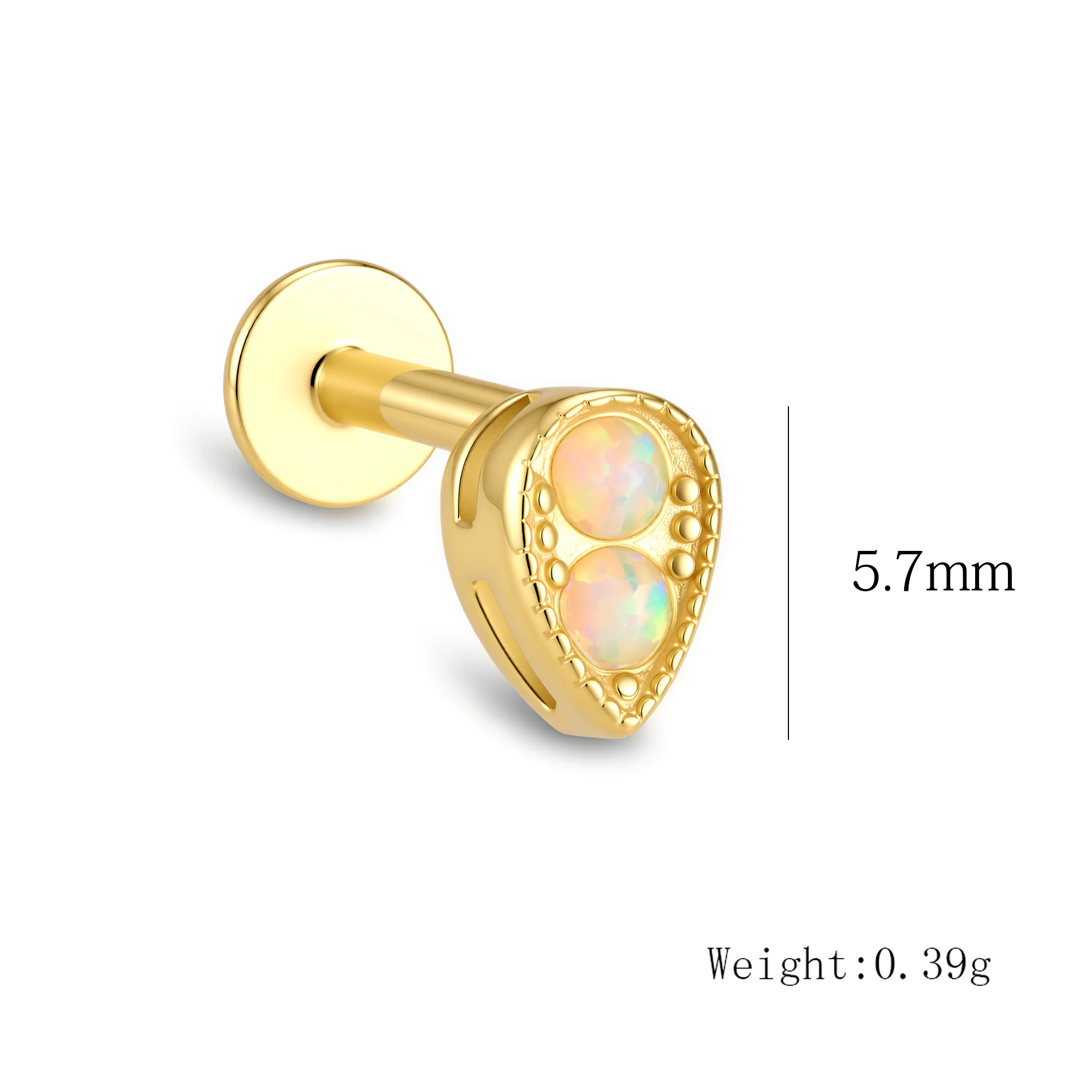 925 Sterling Silver 14K Gold Plated Teardrop Double Opal Flat Back Single Stud Earring Beaded Edge Cartilage Piercing Jewelry