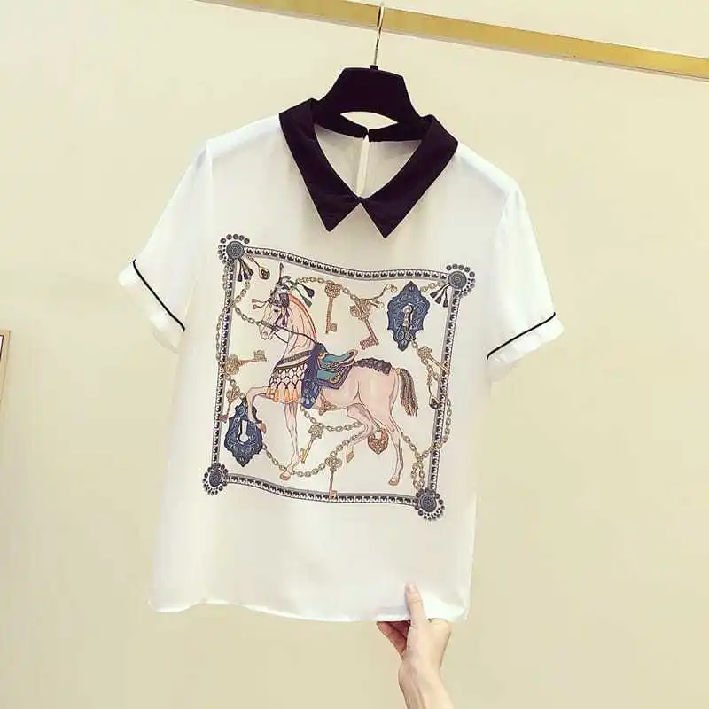 

Korean Casual Printed Spliced Chiffon Shirt for Women Summer Fashion All-match Short Sleeve Polo-Neck Blouse Female Clothing