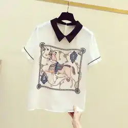 Korean Casual Printed Spliced Chiffon Shirt for Women Summer Fashion All-match Short Sleeve Polo-Neck Blouse Female Clothing