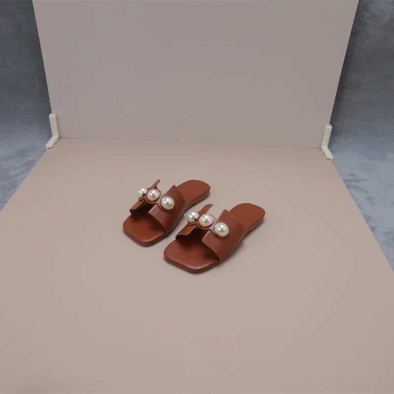 Sandal kaki terbuka untuk anak perempuan, sandal jari terbuka modis, sandal desainer mutiara musim panas untuk anak perempuan