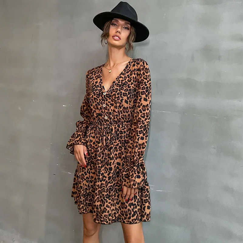 PULABO Long Sleeve V-Neck Leopard Print Dress Vestido Feminino Dresses For Women 2024 Autumn Winter