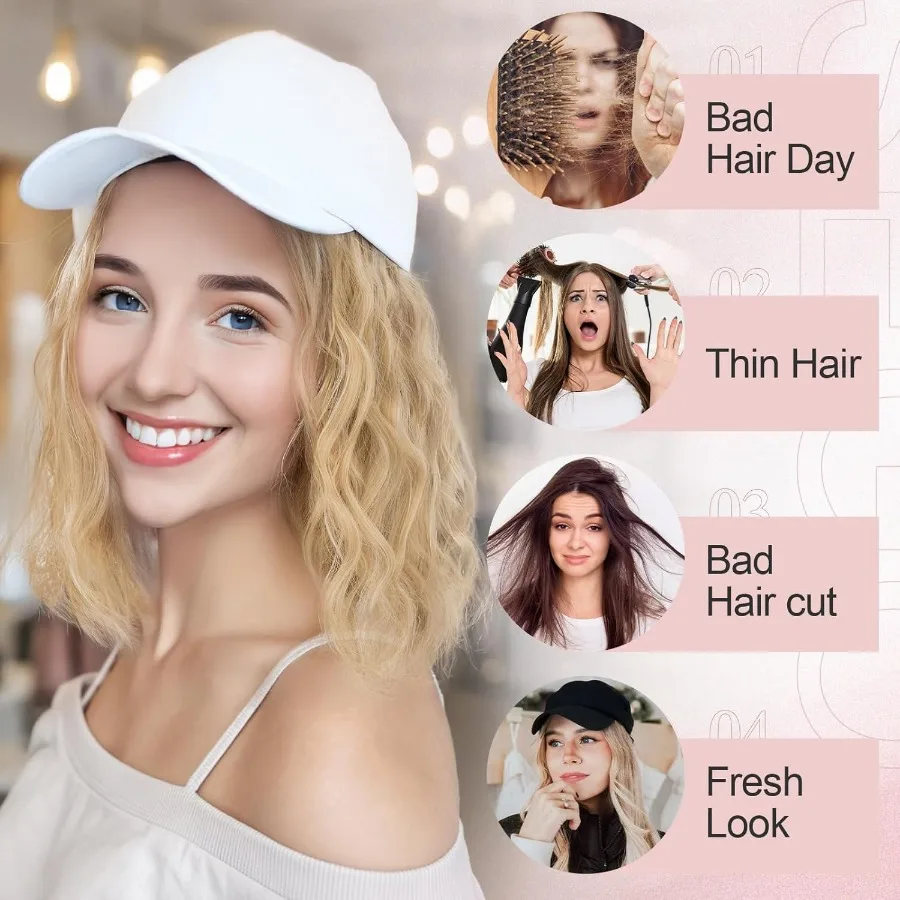 قبعة بيسبول صناعية مقاومة للحرارة مع وصلات شعر قصيرة مستقيمة قابلة للتعديل مقاس 6 بوصات للنساء قطعة شعر بيضاء بديلة