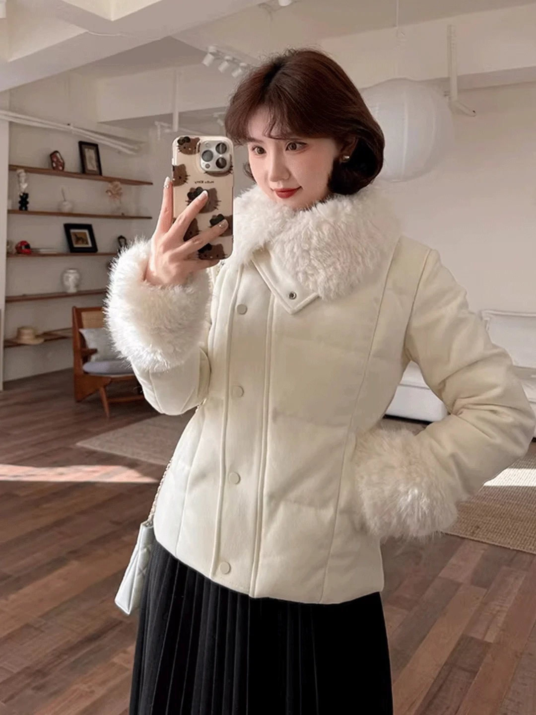 

Корейское стеганое жакетное женское зимнее теплое белое хлопковое пальто с меховым воротником, модная уникальная верхняя одежда ort