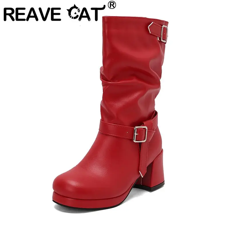 

REAVE CAT Women Mid Calf Boots Round Toe 6.5cm Chunky Heel 1.5cm Platform Slip On Belt Buckles Oversize 46 47 48 Dating Bota Red