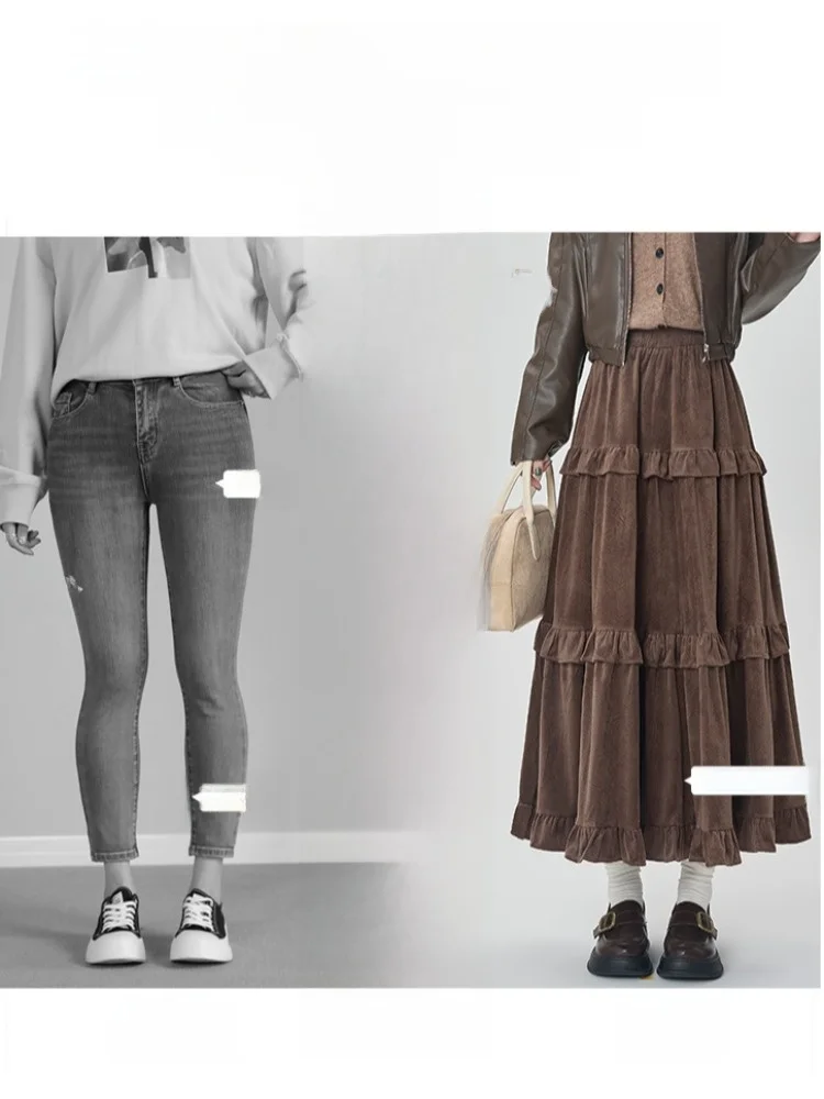 Karamell Kuchen Design A-Linie f Rock Damen Herbst Winter Verdickter Holz Langer Schlankheits-Regenschirmrock