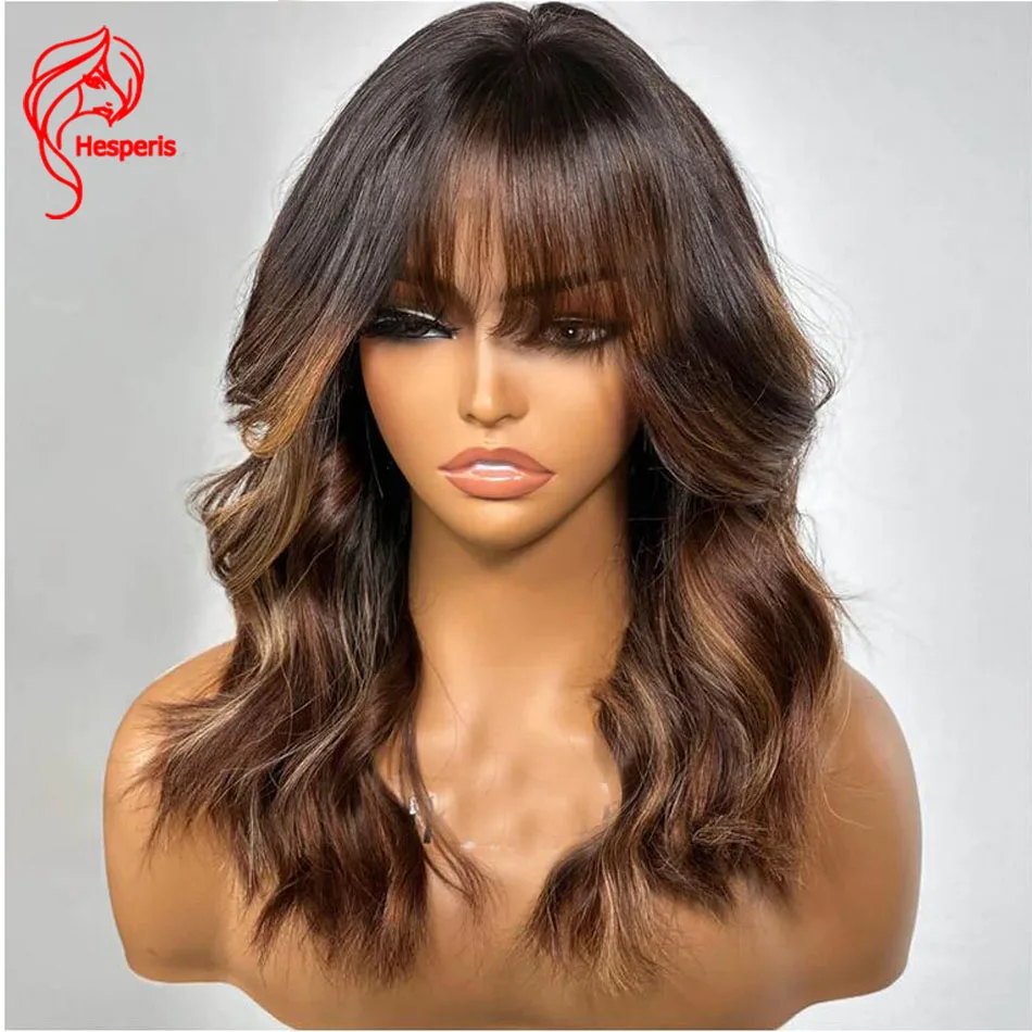 Hesperis-Wavy Ombre Cortina Bangs, Castanha Brown Destaques, Lace Frente Perucas de Cabelo Humano, Nó branqueada, Layered Cut, 13x6