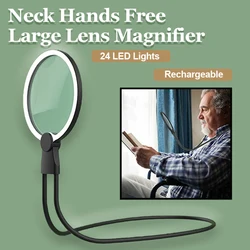 Neck Hands Free Desktop Large Lens Magnifier with 24 LED Lights USB Rechargeable Magnifier for Elderly Reading Jewellery