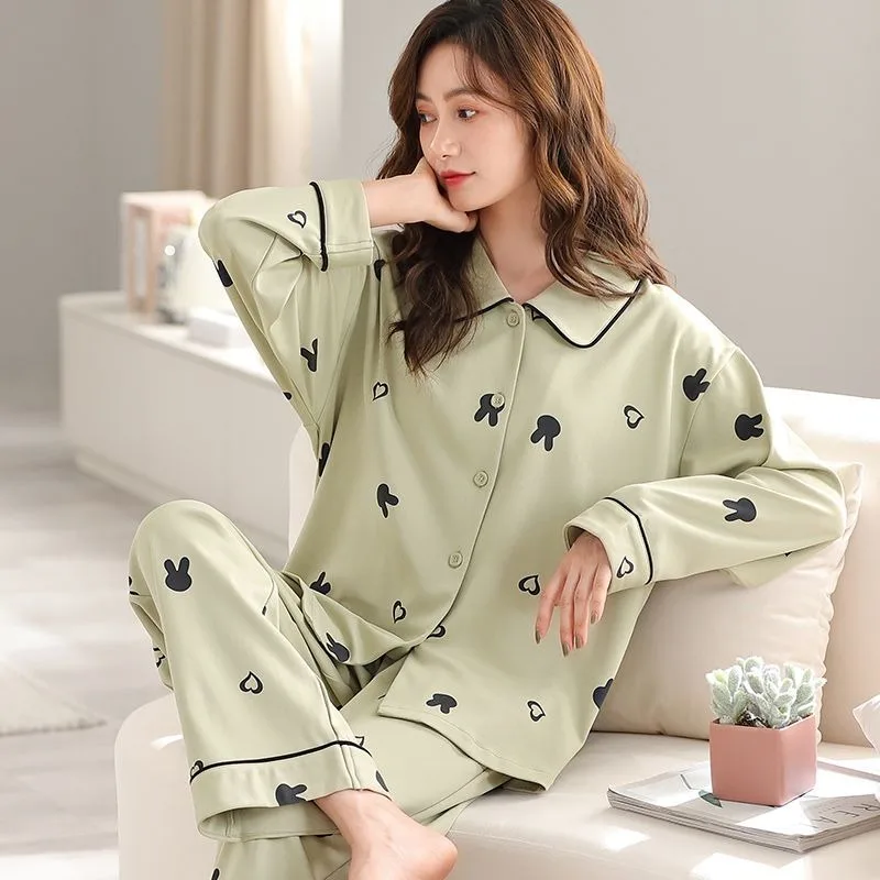 2024 New Women High-End Pure Cotton Pajamas Spring Autumn Long-Sleeved Casual Large Size Homewear Suit Loose Female Pajamas Set