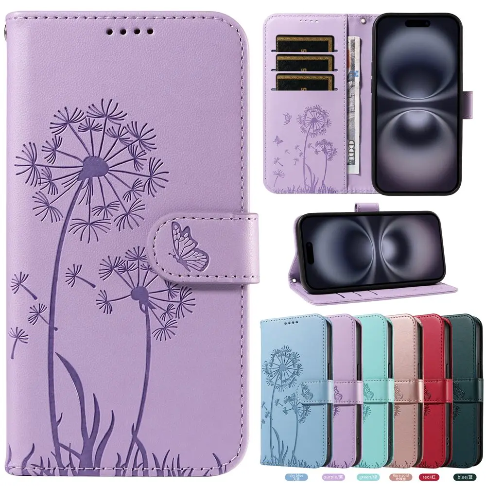 Funda de Cuero para Teléfono Samsung Galaxy S25 S24 Ultra S23 FE S22 S21 S20 Plus S10 S9 S8 S7, Funda Tipo Cartera con Diseño de Diente de León