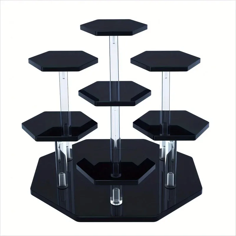 Suporte de acrílico transparente hexagonal para armazenamento de joias, cosméticos, figuras de bonecas, fones de ouvido, colecionáveis, sobremesas e cupcakes.