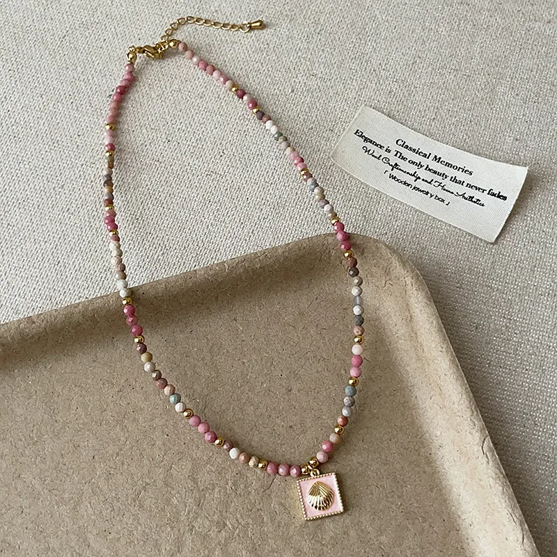 Minar New Vintage Colorful Natural Stone Copper Beads Strand Pink Enamel Square Shell Coin Beaded Necklace for Women Chokers