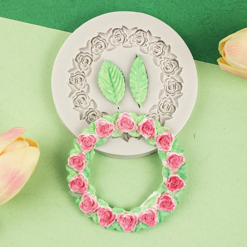 3D Rose Wreath Leafs Silicone Mold Fondant Chocolate Sugarcraft Cake Decor Baking Tool Flower Mould Wedding Anniversary Party