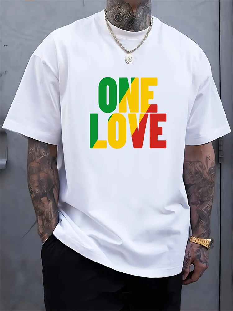 One Love Rasta Jamaican Reggae Style Men\'s T-Shirt Summer Daily Casual Men\'s Tee Outdoor Street Fashion Men\'s Short-sleeved Top