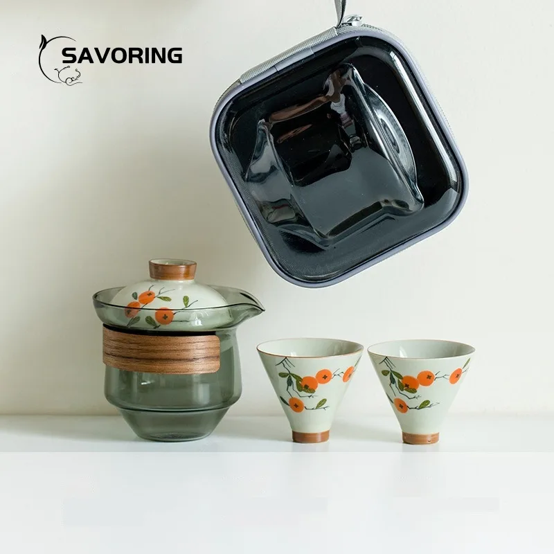 

Ручная роспись хурмы, дорожный чайный сервиз, уличный китайский чайный сервиз, портативный чайный сервиз кунг-фу, инструмент для кемпинга, пуэр, чайная церемония, чайная посуда