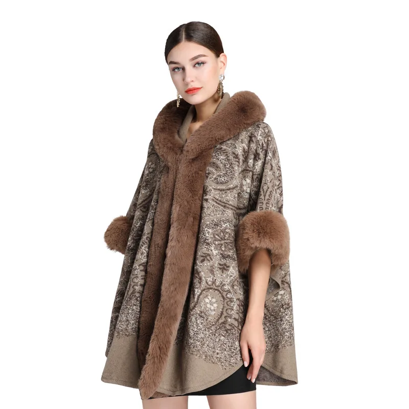 

Women Warm Faux Fur Trim Layer Cardigan Sweaters Coat Cold Weather Open Front Hooded Shawls European Paisley Winter Poncho Capes