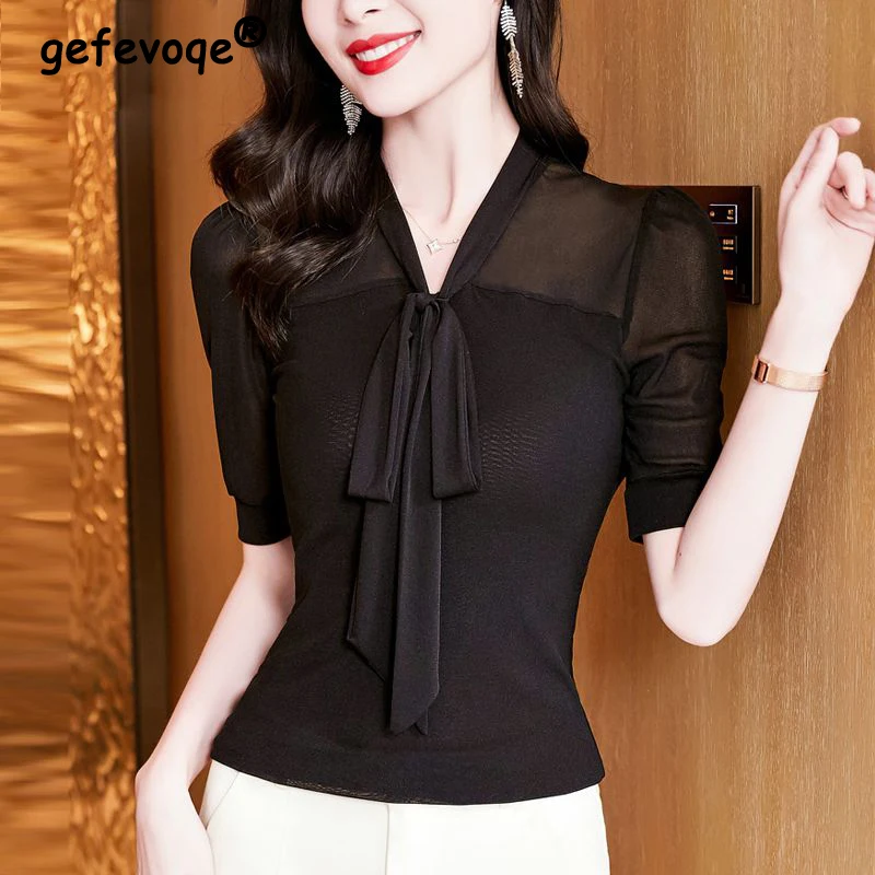 

Women Sexy See Through Mesh Bow Elegant Basic Tops Summer Korean Fashion V Neck Slim Short Sleeve T Shirt Casual Ropa De Mujer