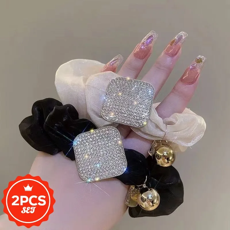 

2Pcs/set Fashionable Temperament Full Diamond Square Hair Tie Mesh Large Intestine Hair Elastic Luxury Women's Hair Accessories