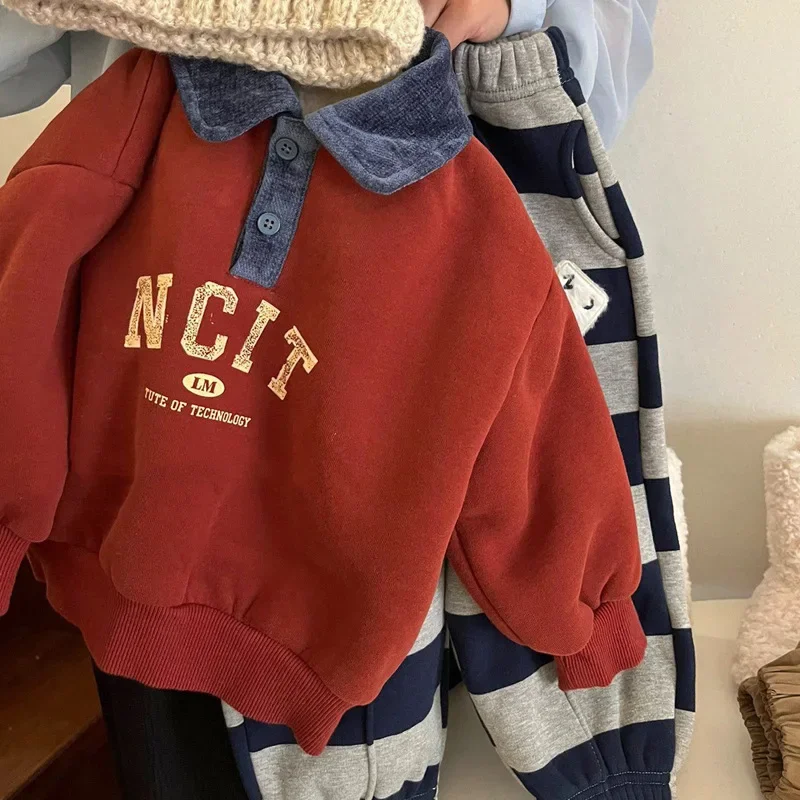 

2025 Детский новогодний хлопковый свитшот на флисовой подкладке, От 2 до 7 лет, детский теплый повседневный осенне-зимний топ с буквенным принтом для мальчиков и девочек