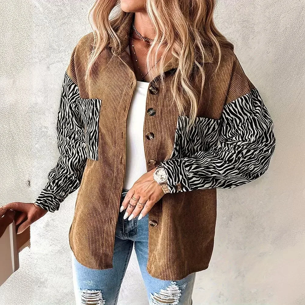 Zebra Corduroy Contrast Color Coat Shirt Women's Clothing New Long Sleeve Shacket Top Button Shirts