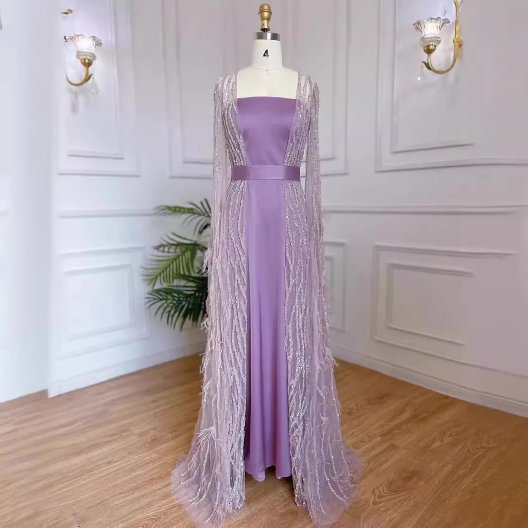 2024 New Luxury Feathers Evening Dresses with Cape Sleeves Arabic Women Wedding Party Gowns Formal Prom Dresses