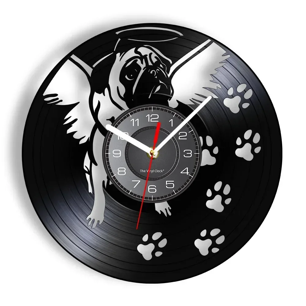 Bulldog with Angel Wing Modern Wall Art Clock England Bulldog Dog Paw Wall Decor Wall Clock Vinyl Record Vintage Pug Dog Clock