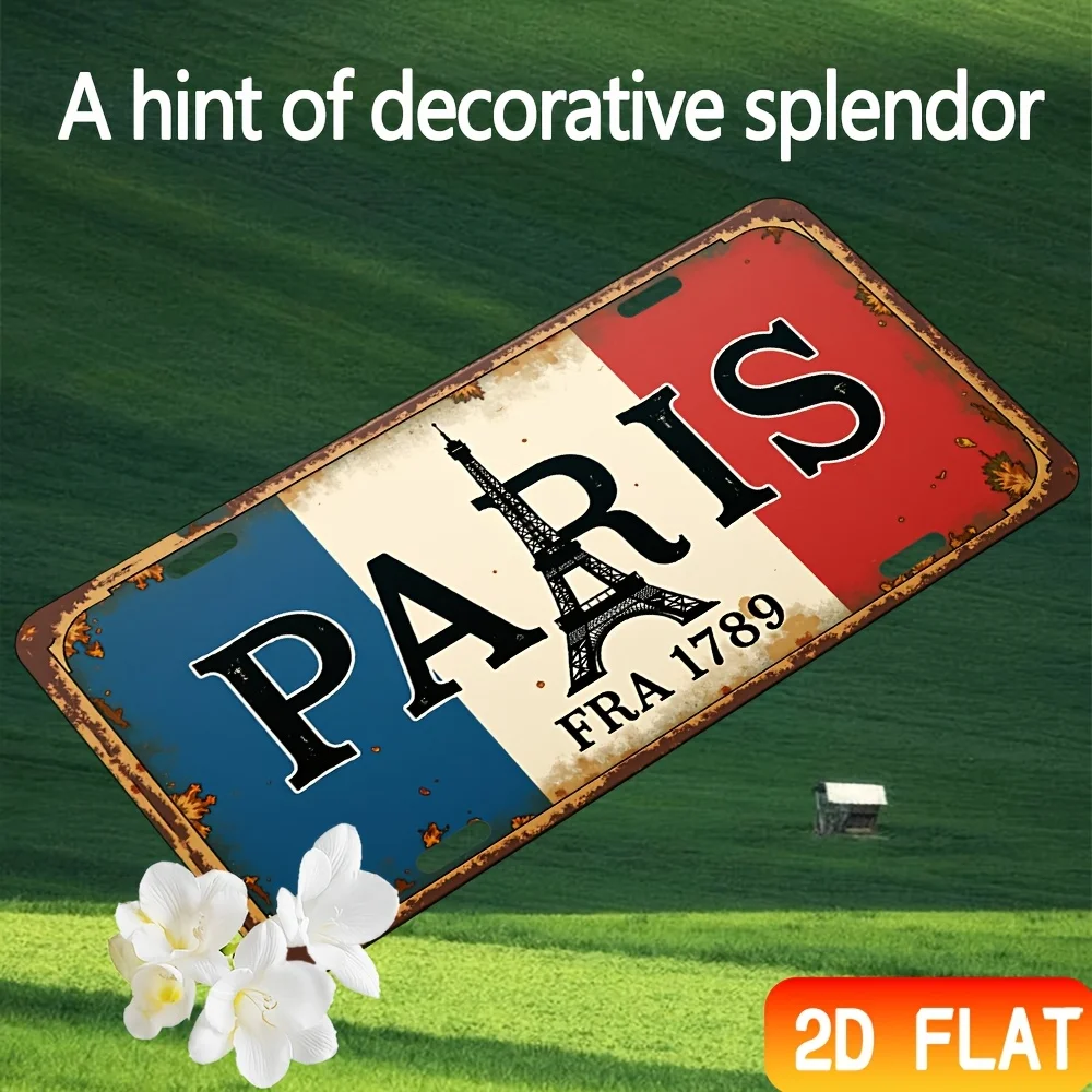 HD Aluminum Metal Sign, Paris France Flag Vintage License Plate Style Wall Decor, Retro Eiffel Tower FRA 1789 Design Tin Poster