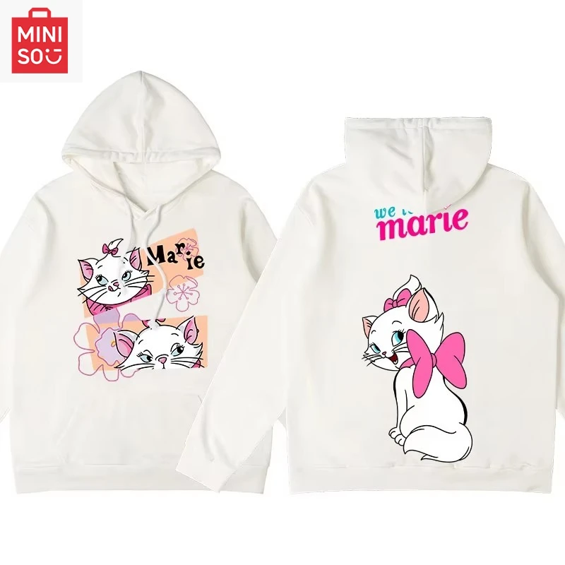 

MINISO co-branded Marie printed hoodie with hood, loose cartoon, multi-functional, casual and cute campus girl