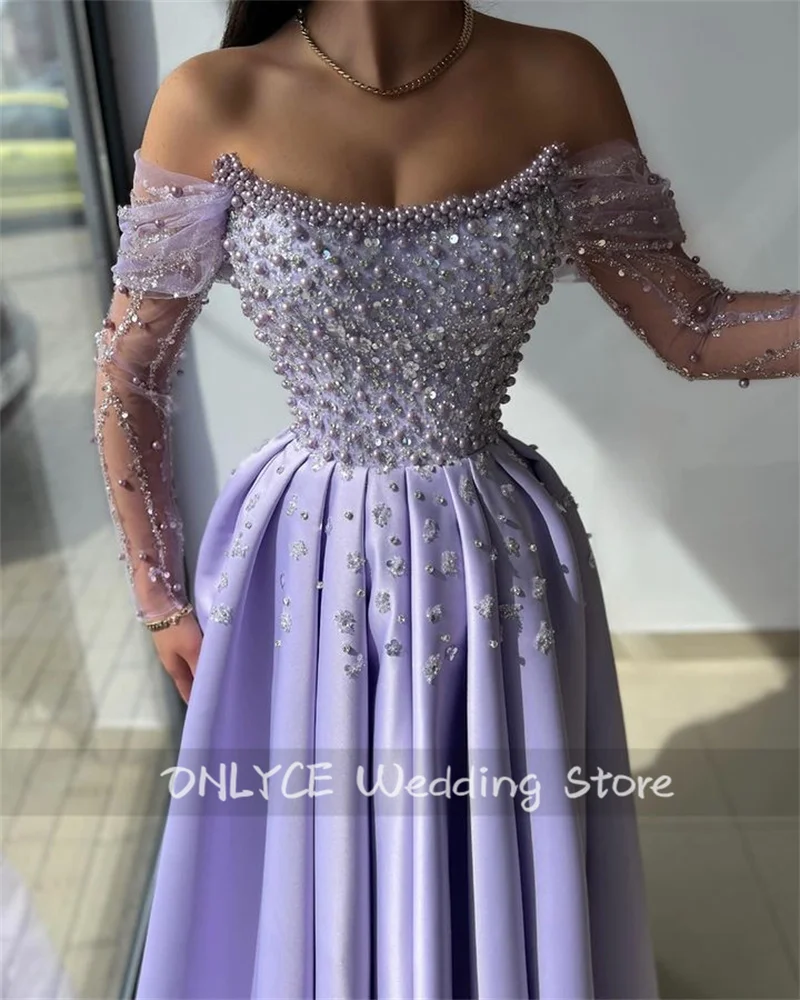 Luxury Elegant Lavender Mermaid Evening Dresses With Two Gloves Pearls Beading Crystals Pleats فساتين طويلة Formal Prom Party