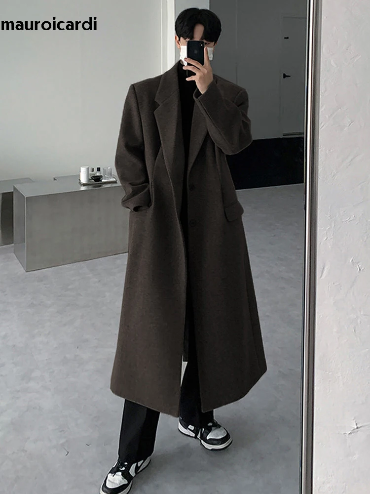 Mauroicardi Autumn Winter Long Thick Warm Soft Fitted Woolen Coat Men Single Breasted Cool Luxury Chic Wool Blends Overcoat 2024