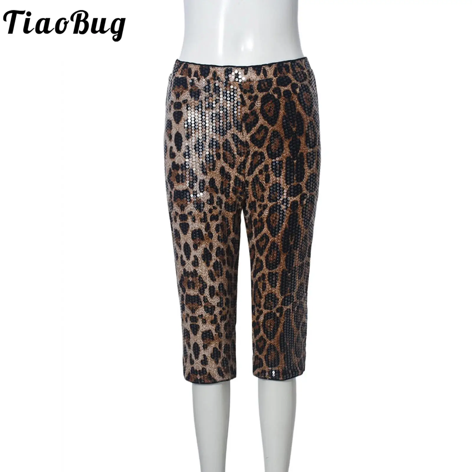 Women Sequined Leopard Capri Pants Elastic Waistband Straight Leg Stretchy Half Pants Sparkly Club Disco Trousers Party Musical