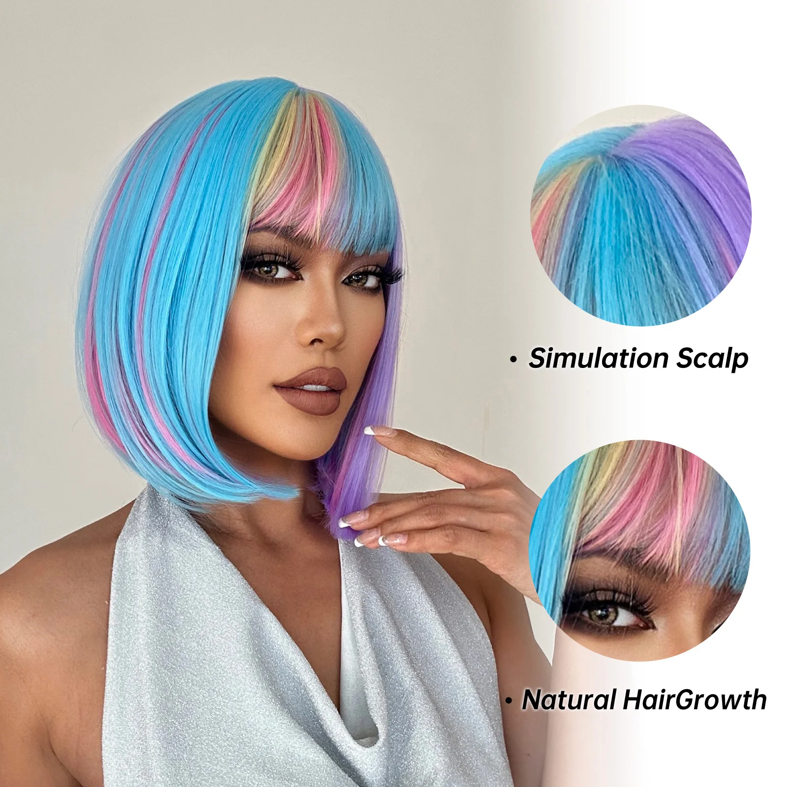 Straight Natural Bob Women Wig Blue Purple Pink Yellow Colored Cosplay Lolita Hair Synthetic Fiber Wig with Bangs Party Costume