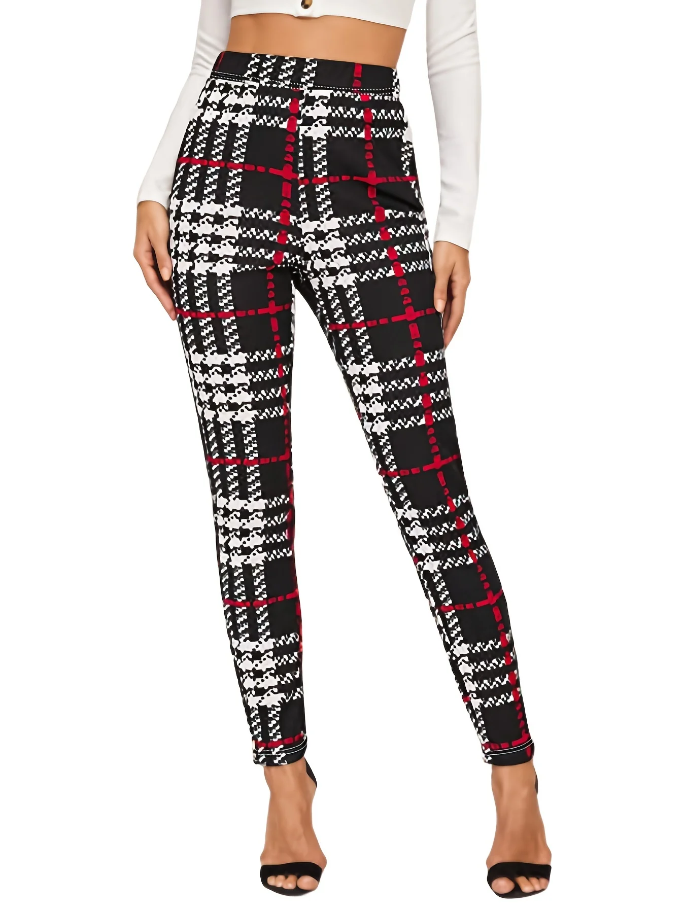 Women\'s Striped Printed Checkered Leggings High Waisted And High Elastic Leggings Casual Pencil Pants Tight Pants