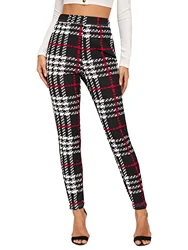 Women's Striped Printed Checkered Leggings High Waisted And High Elastic Leggings Casual Pencil Pants Tight Pants