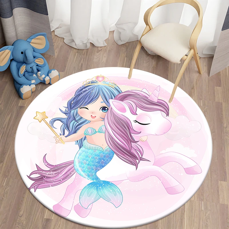 Mermaid Cartoon Round Carpet Unicorn Printed Area Rugs Kitchen Bedroom Carpet for Living Room Children's Rug Kids Play Floor Mat