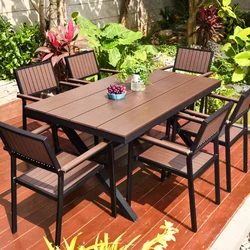 Plastic wood tables and chairs, courtyard gardens, wooden leisure outdoor modern tea tables and chairs